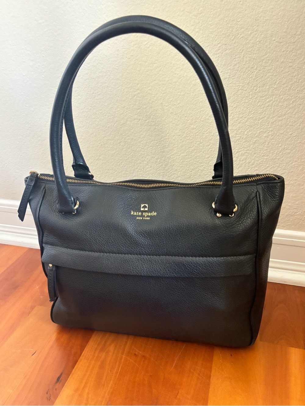 kate spade Black Leather Double-Handle Shoulder Tote with Gold Logo